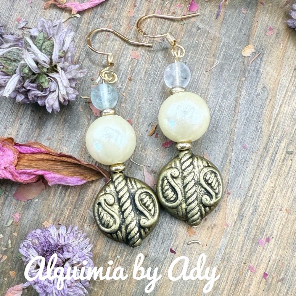 Gold  bubble pearl drops statement earrings with fluorite